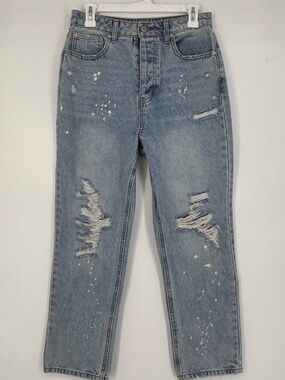 NOBO Juniors Sz 9 Jeans Light Blue Distressed Bleach Spatter High Rise Straight
